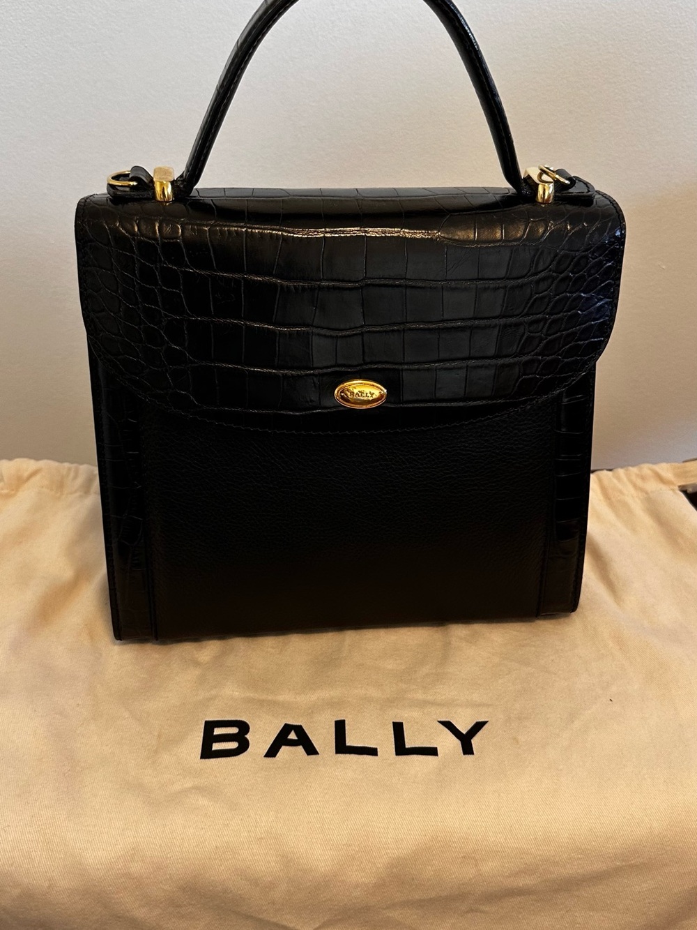 Bally Black Croc-Embossed Top Handle Satchel with Gold Accents